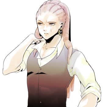 1boy ayuneo black_vest commentary_request earrings facial_scar jewelry limited_palette long_hair male_focus original pectoral_cleavage pectorals raised_eyebrow scar scar_on_cheek scar_on_face shirt sleeves_rolled_up solo tentacle_hair upper_body vest white_shirt
