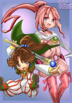 2girls aged_up black_choker brown_hair cape choker dual_persona earrings final_fantasy final_fantasy_iv highres jewelry long_hair looking_at_viewer multiple_girls open_mouth pink_hair ponytail porom puddinghomhom smile staff thighhighs