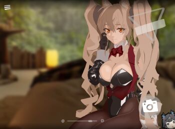 1girl alternate_breast_size_(larger) alternate_costume angelina_(arknights) animal_ear_fluff animal_ears arknights arknights:_endfield black_gloves black_leotard black_pantyhose blurry blurry_background bow bowtie breasts brown_hair chen_qianyu_(arknights) chibi chibi_inset cleavage collar commentary detached_collar elbow_gloves fox_ears fox_girl gilberta_(arknights) gloves hand_on_own_cheek hand_on_own_face highleg highleg_leotard highres large_breasts leotard light_blush long_hair looking_at_viewer orange_eyes pantyhose red_bow red_bowtie shiny_clothes sitting smile solo twintails undersized_breast_cup very_long_hair vignetting white_collar wood0ve