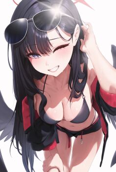 1girl absurdres bikini bikini_bottom_under_shorts bikini_under_clothes black_bikini black_hair black_shorts black_wings blue_archive eyewear_on_head feathered_wings halo hand_on_own_knee highres ichika_(blue_archive) ichika_(swimsuit)_(blue_archive) leaning_forward long_hair looking_at_viewer low_wings o-ring o-ring_bikini o-ring_top official_alternate_costume one_eye_closed open_clothes open_shorts red_halo rkin shorts smile solo sunglasses swimsuit white_background wings