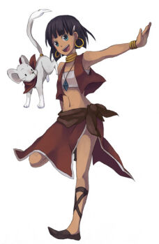 1990s_(style) 1girl bandeau black_hair bracelet cross-laced_footwear dark-skinned_female dark_skin earrings fushigi_no_umi_no_nadia green_eyes jewelry king king_(nadia) lion loincloth midriff mono_(pixiv) monokuro_(snog) nadia_la_arwall neck_ring necklace retro_artstyle sandals short_hair strapless tube_top vest