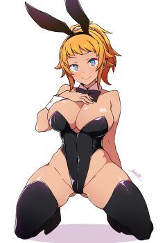 1girl alternate_skin_color animal_ears batta_16-sei black_leotard black_thighhighs blue_eyes breasts cleavage closed_mouth commentary_request dark-skinned_female dark_skin fake_animal_ears gundam gundam_build_fighters hand_on_own_chest highleg highleg_leotard highres hoshino_fumina kneeling large_breasts leotard looking_at_viewer orange_hair playboy_bunny ponytail rabbit_ears signature simple_background smile solo strapless strapless_leotard thighhighs white_background white_wrist_cuffs wrist_cuffs