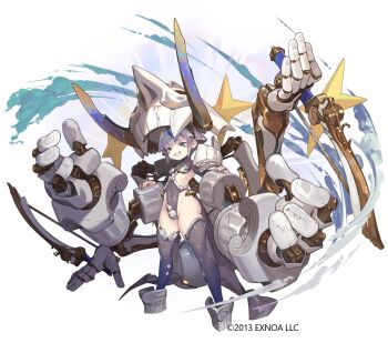 Rule 34 | 1girl, armor, ass, aura, bare hips, black gloves, black leotard, blue eyes, blue hair, blush stickers, bow (weapon), breasts, commentary request, copyright name, copyright notice, covered navel, covering breasts, covering crotch, covering privates, disembodied hand, extra arms, eyebrows hidden by hair, full body, gloves, grey hair, grin, leotard, looking at viewer, mechanical arms, monster girl, monster musume td, multicolored hair, official art, partially fingerless gloves, rakhion (monster musume td), sennen sensou aigis, short hair, shoulder armor, simple background, small breasts, smile, so-taro, solo, standing, star (symbol), streaked hair, teeth, thick eyebrows, thighhighs, weapon, white background, white hair, wide hips