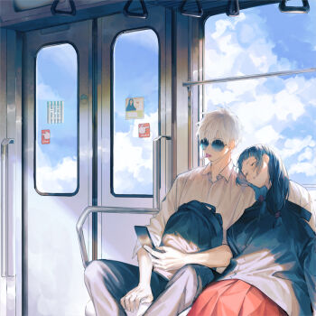 1boy 1girl candy food gojou_satoru hetero iori_utahime jujutsu_kaisen leaning_on_person lollipop looking_at_phone phone sleeping sunglasses suvin_(mononochi) train