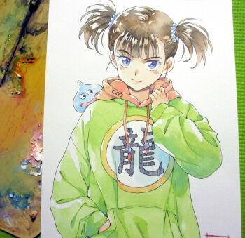 1girl agahari black_hair blue_eyes casual closed_mouth clothes_writing commentary_request contemporary dragon_quest dragon_quest_iii drawstring green_hoodie hand_in_pocket hand_up hood hood_down hoodie long_sleeves looking_at_viewer martial_artist_(dq3) painting_(medium) photo_(medium) short_hair short_twintails sleeves_past_wrists slime_(creature) slime_(dragon_quest) traditional_media twintails upper_body