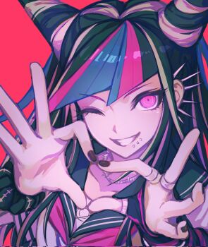 1girl arm_warmers black_hair black_nails corrupted_twitter_file cyacyacyacyaki danganronpa_(series) danganronpa_2:_goodbye_despair four-finger_heart_hands heart heart_hands highres jewelry long_hair mioda_ibuki multicolored_hair necklace one_eye_closed piercing pink_eyes pink_hair purple_hair red_background school_uniform single_arm_warmer smile striped_arm_warmers tongue