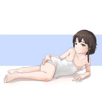 1girl barefoot brown_eyes brown_hair closed_mouth dress feet full_body hair_ornament highres iwakura_lain looking_at_viewer lying on_side serial_experiments_lain sleeveless sleeveless_dress solo trashman333 white_dress x_hair_ornament