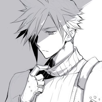 1boy adjusting_collar armor closed_mouth cloud_strife earrings final_fantasy final_fantasy_vii final_fantasy_vii_remake gloves greyscale hair_over_one_eye half-closed_eyes jewelry male_focus monochrome shiyu.jyoukou short_hair shoulder_armor single_bare_shoulder single_earring single_shoulder_pad sleeveless sleeveless_turtleneck solo spiked_hair turtleneck upper_body
