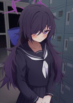 1girl alternate_costume alternate_hairstyle black_sailor_collar black_serafuku black_skirt blue_archive blue_bow blush bow closed_mouth collarbone commentary_request getabako hair_bow hair_ornament hair_over_one_eye hairclip halo haruka_(blue_archive) highres indoors long_hair long_sleeves looking_at_viewer neckerchief own_hands_together pleated_skirt purple_eyes purple_hair purple_halo relief_07 sailor_collar school school_uniform serafuku skirt smile solo white_neckerchief