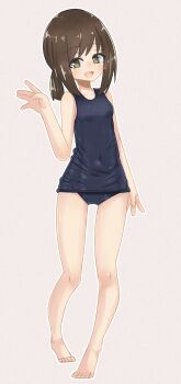 1girl absurdres bare_arms bare_legs blush brown_hair fubuki_(kancolle) green_eyes highres kantai_collection looking_at_viewer low_ponytail mf_u_c old_school_swimsuit open_mouth ponytail school_swimsuit short_hair short_ponytail sidelocks solo swimsuit