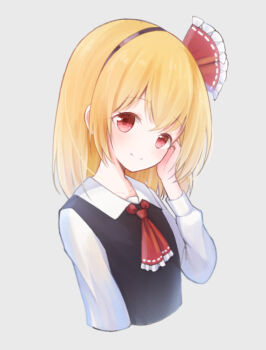 1girl ascot black_hairband black_vest blonde_hair blush closed_mouth collared_shirt commentary grey_background hair_ribbon hairband long_sleeves looking_at_viewer ocooco red_ascot red_eyes red_ribbon ribbon rumia shirt smile solo touhou upper_body vest white_shirt