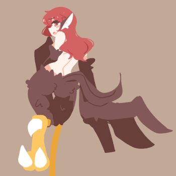 1girl animal_ears big_o_pants bird_ears bird_legs bird_tail blush_stickers brown_background brown_feathers brown_wings commentary_request feather_fingers feathers fio-chan_(big_o_pants) harpy long_hair looking_at_viewer looking_back monster_girl no_lineart nude open_mouth original red_eyes red_hair simple_background solo tail talons winged_arms wings