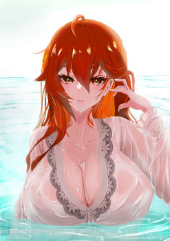 absurdres acesaru adjusting_hair ahoge alternate_breast_size_(larger) breasts cleavage collarbone commentary_request eris_greyrat hair_between_eyes hand_up highres huge_breasts long_hair long_sleeves looking_at_viewer mushoku_tensei nightgown official_alternate_costume parted_lips partially_submerged red_eyes red_hair solo twitter_username upper_body water watermark wet wet_clothes white_nightgown