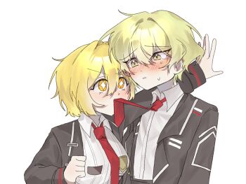 +_+ 1boy 1girl arm_at_side arm_up black_coat black_sleeves blonde_hair blush breasts clenched_hand coat collared_shirt commentary don_quixote_(project_moon) dress_shirt face-to-face hair_between_eyes height_difference hetero highres kabedon lapels limbus_company long_sleeves looking_at_another medium_breasts mouth_hold necktie necktie_in_mouth open_clothes open_coat open_hand parted_lips project_moon raised_eyebrows sae_al_l shirt short_hair sinclair_(project_moon) sweat symbol-only_commentary tareme tsurime undershirt v-shaped_eyebrows white_background white_mouth white_shirt wing_collar yellow_eyes