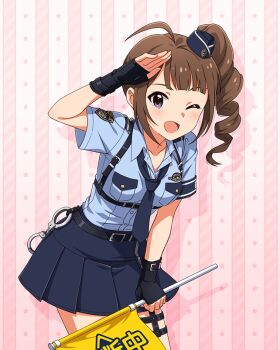 1girl ahoge belt brown_hair card_(medium) concept_police_(idolmaster) cuffs fingerless_gloves flag gloves handcuffs hat holding idolmaster idolmaster_million_live! idolmaster_million_live!_theater_days leaning_forward mini_hat necktie official_art one_eye_closed open_mouth police police_uniform purple_eyes salute side_ponytail skirt solo star_(symbol) yokoyama_nao