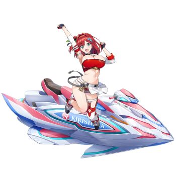 1girl :d arms_up bikini breasts cleavage dolphin_hair_ornament dolphin_wave full_body game_asset green_eyes green_scrunchie hair_ornament hair_scrunchie highres jet_ski jumping large_breasts looking_at_viewer midair navel non-web_source official_art one_side_up ootomo_takuji open_mouth red_bikini red_hair sakimiya_iruka scrunchie self-datamine single_thighhigh skindentation smile solo swimsuit thighhighs transparent_background watercraft