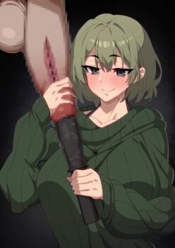 1boy 1girl akina-chan animated censored dildo disembodied_penis femdom green_eyes green_hair half-closed_eyes highres huge_penis naughty_face original out_of_frame penis sex_toy short_hair smile sounding sweater tagme testicles umezawa_itte urethral_insertion video x-ray