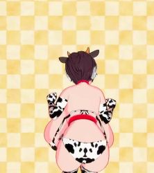 1girl 20s 3d animal_ears animal_print animated ass back backboob bandai bell belt bikini bouncing_breasts breasts brown_eyes brown_hair bursting_breasts checkered_background cleavage collar cow_ears cow_horns cow_print cow_print_bikini cow_print_gloves cow_tail cowbell elbow_gloves female_focus gloves happy harimau_mmd2 headset horns huge_ass huge_breasts idolmaster idolmaster_cinderella_girls jumping looking_at_viewer looping_animation matching_hair/eyes midriff mikumikudance_(medium) multicolored_background multiple_views namco navel neck_bell oikawa_shizuku open_mouth plump print_bikini print_gloves short_hair side-tie_bikini_bottom skindentation smile spinning swimsuit swinging tail thick_thighs thighhighs thighs video wide_hips yellow_background