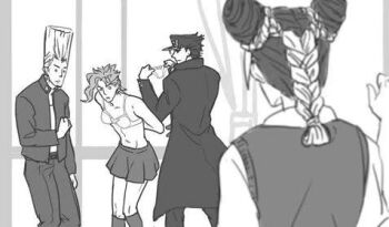 1girl 3boys danshi_koukousei_no_nichijou indoors jean_pierre_polnareff jojo_no_kimyou_na_bouken kakaii321 kakyoin_noriaki kuujou_jolyne kuujou_joutarou lowres md5_mismatch monochrome multiple_boys parody resized