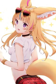Rule 34 | 1girl, ahoge, animal ear fluff, animal ears, belt, black belt, black choker, black hair, blonde hair, blue hair, blush, bracelet, breasts, choker, crop top, earrings, extra ears, eyewear on head, fox ears, fox girl, fox tail, glasses, heart, heart-shaped eyewear, heart-shaped pupils, highres, hololive, jewelry, kinako mocchi mochi, long hair, multicolored hair, multiple bracelets, multiple necklaces, necklace, official alternate costume, official alternate hairstyle, omaru polka, omaru polka (5th costume), pink hair, plaid clothes, plaid shorts, purple eyes, red-tinted eyewear, red shorts, shirt, short sleeves, shorts, sideboob, solo, streaked hair, sunglasses, symbol-shaped pupils, t-shirt, tail, tinted eyewear, upper body, virtual youtuber, white shirt