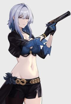 1girl black_jacket black_pantyhose black_shorts blue_bra bra breasts cleavage closed_mouth collarbone commentary cowboy_shot cropped_jacket galbrena_(wuthering_waves) grey_background grey_hair gun hair_between_eyes highres holding holding_gun holding_weapon jacket looking_at_viewer medium_breasts medium_hair navel no_wings pantyhose purple_eyes ritou08 shorts sidelocks simple_background single_leg_pantyhose solo stomach underwear weapon wuthering_waves