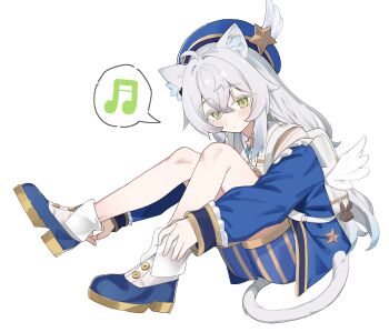 1girl animal_ear_fluff animal_ears ankle_boots arknights backpack bag beamed_sixteenth_notes beret blue_boots blue_hat blue_jacket blue_shorts blush boots c2_jun chinese_commentary closed_mouth commentary_request crossed_bangs frilled_sleeves frills full_body green_eyes grey_hair grey_tail hair_between_eyes hat highres jacket light_smile long_hair long_sleeves musical_note rosmontis_(arknights) shorts sitting solo spoken_musical_note star_(symbol) striped_clothes striped_shorts tail vertical-striped_clothes vertical-striped_shorts white_boots