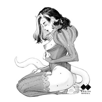 1girl artist_logo artist_name ass asymmetrical_hair barefoot breasts breasts_out closed_eyes closed_mouth clothes_pull clothing_cutout earrings eyelashes feet fingernails forehead from_side full_body godiva_ghoul greyscale hair_behind_ear hand_on_own_thigh head_down horns jewelry jpeg_artifacts juliet_sleeves leotard lips logo long_fingernails long_hair long_sleeves makeup medium_breasts mole mole_on_forehead mole_under_eye monochrome multicolored_hair multiple_moles neck_ruff nipples nose original parted_hair perky_breasts profile puffy_nipples puffy_sleeves seiza sharp_fingernails simple_background sitting skin-covered_horns soles solo sparkle stirrup_legwear streaked_hair tail tail_through_clothes thighhighs toeless_legwear toes white_background