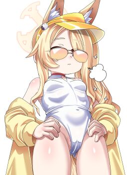 1girl absurdres animal_ear_fluff animal_ears blonde_hair blue_archive breasts clothing_cutout covered_navel cross_halo diamond_cutout fox_ears fox_girl fox_tail from_below halo hands_on_own_hips highleg highleg_one-piece_swimsuit highres jacket karan_(15847284) long_hair looking_at_viewer official_alternate_costume official_alternate_hairstyle one-piece_swimsuit opaque_sunglasses orange-tinted_eyewear orange_eyes puff_of_air seia_(blue_archive) seia_(swimsuit)_(blue_archive) side_ponytail simple_background small_breasts solo sunglasses swimsuit tail tinted_eyewear visor_cap white_background white_one-piece_swimsuit yellow_halo yellow_jacket yellow_visor