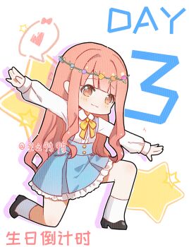 1girl ankle_socks artist_name black_shoes blue_skirt blunt_bangs bow bowtie brown_eyes center_frills cherilynorz chibi chinese_commentary chinese_text closed_mouth collared_shirt commentary_request drop_shadow english_text eyelashes frilled_skirt frills full_body gold_buttons happy head_wreath heart high-waist_skirt high_heels highres light_blush long_hair long_sidelocks long_sleeves looking_at_viewer miniskirt mixed-language_text nikki_(nikki) nikki_(series) nikki_up2u2:_world_traveller on_one_knee outstretched_arms pink_hair pleated_skirt puffy_long_sleeves puffy_sleeves pumps shirt shoes sidelocks skirt sleeves_past_wrists smile socks solo speech_bubble spoken_heart star_(symbol) star_symbol_background suspender_skirt suspenders tareme very_long_hair wavy_hair white_background white_shirt white_socks yellow_bow yellow_bowtie