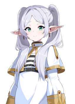 Rule 34 | 1girl, absurdres, belt, black belt, capelet, commentary, dated commentary, earrings, elf, frieren, green eyes, grey hair, highres, jewelry, long hair, looking at viewer, pointy ears, shirt, simple background, skirt, solo, sousou no frieren, striped clothes, striped shirt, thick eyebrows, tosyeo, twintails, white background, white capelet, white skirt