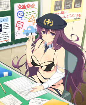 1girl bare_shoulders bebe-tan binder black_bra black_panties blush body_blush bra breasts chair cleavage collarbone desk detached_collar eyepatch frown grey_necktie hair_between_eyes hat highres holding holding_pen indoors large_breasts long_hair looking_at_viewer murasaki_(senran_kagura) navel necktie non-web_source official_art on_chair panties paper pen police_hat poster_(object) purple_eyes purple_hair senran_kagura senran_kagura_new_wave senran_kagura_shinovi_versus shiny_skin single_sleeve sitting skindentation solo tile_floor tiles torn_bra torn_clothes torn_collar torn_necktie torn_sleeve translation_request underwear very_long_hair wanted_poster