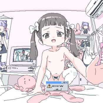 air_conditioner black_eyes black_hair blush_stickers bow censored computer crotchless crotchless_panties error_message faceless faceless_female female_focus figure flat_chest foreshortening hair_bow hatsune_miku indoors jaggy_lines lokulo_no_mawashimono loli looking_at_viewer lowres microsoft_windows monitor nipples novelty_censor oekaki open_mouth original panties pussy pussy_peek shelf solo squatting stuffed_animal stuffed_rabbit stuffed_toy thighhighs twintails underwear vocaloid white_bow white_thighhighs
