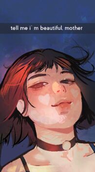 1girl angela_he black_eyes black_hair bob_cut caption english_text half-closed_eyes heart_cheeks looking_at_viewer lowres missed_messages non-web_source o-ring_collar official_art portrait short_hair smirk solo spaghetti_strap