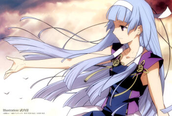 1girl blue_hair breasts collarbone end_card female_focus floating_hair from_side hairband highres hime_cut kannagi long_hair nagi official_art outstretched_arm purple_eyes red_hairband sleeveless small_breasts solo takeuchi_takashi upper_body very_long_hair