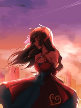 1girl absurdres animal_ears arms_behind_back bare_shoulders breasts brown_hair closed_eyes detached_sleeves dress facing_to_the_side highres horse_ears horse_girl multicolored_hair pakarappakaratt red_dress small_breasts solo still_in_love_(scarlet_vow_raiment)_(umamusume) still_in_love_(umamusume) streaked_hair sunset umamusume veil white_hair white_streaks white_veil