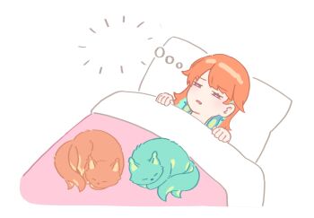 Rule 34 | 1girl, breasts, chonkers (takanashi kiara), commentary, earrings, english commentary, feather earrings, feathers, highres, hololive, hololive english, jewelry, long hair, multicolored hair, orange hair, purple eyes, resu desu, sleeping, smoothie (takanashi kiara), takanashi kiara, virtual youtuber