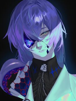 1boy absurdres black_background black_shirt blue_jacket commentary_request commission cracked_skin galaxy head_tilt highres hoshirube_sho hoshirube_sho_(1st_costume) jacket long_hair looking_at_viewer male_focus missing_eye nijisanji portrait purple_hair ryoryo. shirt simple_background solo tentacles virtual_youtuber yellow_eyes
