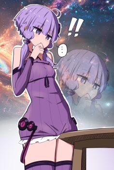 ! !! ... 1girl ahoge commentary_request covering_own_mouth cowboy_shot crotch_rub detached_sleeves dress galaxy hand_up highres kakihito_shirazu long_hair masturbation outline parted_lips purple_dress purple_eyes purple_hair purple_thighhighs solo space spoken_ellipsis standing strapless strapless_dress table table_humping thighhighs thighs vocaloid voiceroid white_outline yuzuki_yukari zoom_layer