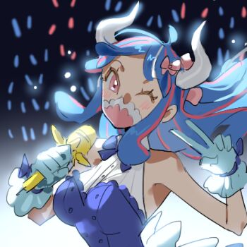 Rule 34 | 1girl, ahoge, alternate costume, bare shoulders, blue dress, blue hair, blush, breasts, commentary, dress, gloves, glowstick, holding, holding microphone, horns, idol, large breasts, long hair, looking at viewer, lowres, mask, microphone, mouth mask, one eye closed, one piece, pink eyes, raine (acke2445), sleeveless, sleeveless dress, solo, ulti (one piece), untranslatable commentary, upper body, v, white gloves