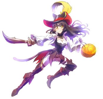 1girl animal_ears black_hair blake_belladonna boots cat_ears cat_tail commentary female_focus full_body halloween hat iesupa jack-o&#039;-lantern jacket navel pirate_costume pirate_hat pumpkin puss_in_boots_(shrek) rwby shrek shrek_(series) solo sword tail weapon yellow_eyes