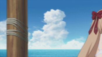 animated animated_gif anime_screenshot bikini bow bra brown_hair cannon cat eyepatch green_eyes lingerie mayoi_neko_overrun! mermaid monster_girl ocean pirate purple_hair red_eyes screencap serizawa_fumino shell shell_bikini ship swimsuit tsuzuki_takumi umenomori_chise underwear watercraft what