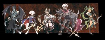 2boys 3girls ahoge alt_text animal_ears armor arrow_(projectile) artist_name beard black_border black_hair black_wings border bow_(weapon) breasts cleavage commentary dark-skinned_male dark_skin dog_ears dog_girl english_commentary facial_hair fire_emblem fire_emblem:_the_blazing_blade fire_emblem_shadows fox_ears fox_girl full_beard gotthold_(fire_emblem) hair_over_one_eye highres holding holding_arrow holding_bow_(weapon) holding_polearm holding_staff holding_sword holding_weapon horse_ears horse_girl japanese_clothes kurt_(fire_emblem) long_hair lyn_(fire_emblem) lyn_(plains_wind)_(fire_emblem) multiple_boys multiple_girls nintendo official_alternate_design outside_border polearm red_eyes shield short_hair staff sword t0bey tail tamamo_(fire_emblem) tongue tongue_out weapon white_hair wings zasha_(fire_emblem)