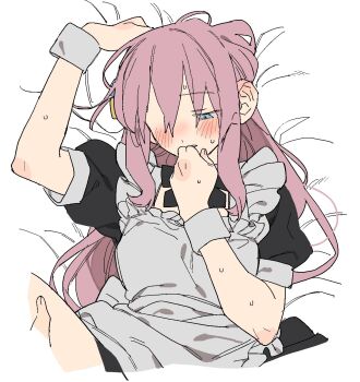 1girl apron armband bed_sheet black_ribbon blue_eyes blush bocchi_the_rock! cube dayama fingernails flat_color gotoh_hitori hair_between_eyes half-closed_eyes hand_on_another&#039;s_thigh hand_on_own_face hand_up highres implied_sex long_hair looking_down maid maid_apron neck_ribbon on_bed pink_hair pov puffy_short_sleeves puffy_sleeves ribbon sheet_grab short_sleeves side_ahoge simple_background solo_focus sweat white_armband white_background