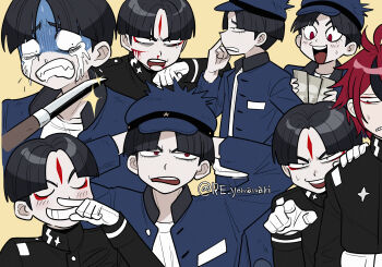 2boys black_hair black_jacket blade_to_throat blood blood_from_mouth blood_on_face blue_hat blue_jacket blush commentary_request eyeliner facial_mark forehead_mark furukawa_(yomawari) gloves hand_on_another's_shoulder hat highres holding holding_money injury jacket last_defense_academy_school_uniform makeup male_focus maruko_gaku money multicolored_hair multiple_boys nosebleed pointing red_eyeliner red_eyes red_hair school_uniform short_hair small_sweatdrop streaked_hair sumino_takumi the_hundred_line_-last_defense_academy- twitter_username very_short_hair white_gloves