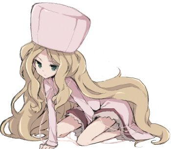 10s 1girl blonde_hair brown_hair caitlin_(pokemon) elite_four female_focus fur_hat green_eyes hat long_hair nakamura_sandayo nintendo pokemon pokemon_bw simple_background sitting solo ushanka very_long_hair wariza white_background