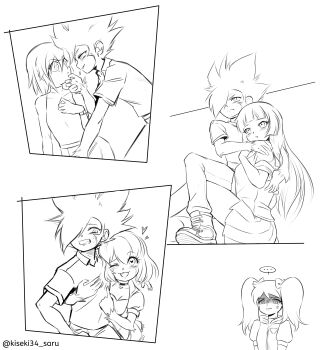 ... 1boy 3girls absurdres aged_up anger_vein annoyed artist_name ass breasts cleavage clenched_teeth flirting gloves green_eyes hair_ribbon half-closed_eyes hand_on_another's_chin haruka_(saru_getchu) heart heart-shaped_pupils highres hug jealous legs long_hair looking_at_viewer looking_back medium_breasts monochrome multiple_girls open_mouth parted_lips ribbon saru_getchu sayaka_(saru_getchu) shaded_face shirt short_hair sideboob sitting skirt sleeveless sleeveless_shirt smile solo sony specter_(saru_getchu) surprised symbol-shaped_pupils teeth thighs twintails