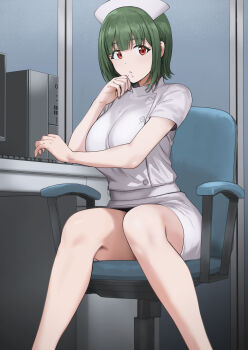 1girl blunt_bangs blush breasts buttons chair computer desk dot_nose eyelashes feet_out_of_frame green_hair hand_on_own_chin hat highres idolmaster idolmaster_(classic) indoors large_breasts light_blush looking_at_viewer mole mole_under_mouth monitor nurse nurse_cap office office_chair on_chair otonashi_kotori parted_lips red_eyes shirt short_hair short_sleeves sidelocks sitting skirt solo swivel_chair tsurui white_shirt white_skirt