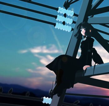 1girl 3d bird black_bird black_dress dress ekkusu_kyuuzu female_focus goth_fashion gothic_lolita lolita_fashion original power_lines sitting solo sunset
