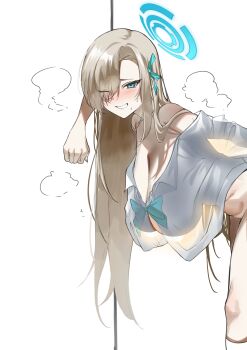 1girl absurdres asuna_(blue_archive) asuna_(school_uniform)_(blue_archive) asymmetrical_bangs bare_shoulders bent_over blue_archive blue_bow blue_bowtie blue_eyes blue_halo blue_ribbon blush bow bowtie breasts brown_hair cleavage hair_over_one_eye hair_over_shoulder hair_ribbon halo hanging_breasts highres large_breasts leaning_on_object long_hair looking_at_viewer off_shoulder official_alternate_costume out-of-frame_censoring ribbon see-through_silhouette shirt smile socks solo sweat thighs very_long_hair white_shirt white_socks younki