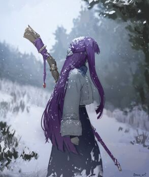 0mou_art 1girl artist_name black_skirt commentary fern_(sousou_no_frieren) fur-trimmed_jacket fur_trim half_updo holding holding_staff jacket long_hair long_skirt long_sleeves outdoors purple_hair skirt snow solo sousou_no_frieren staff very_long_hair white_jacket